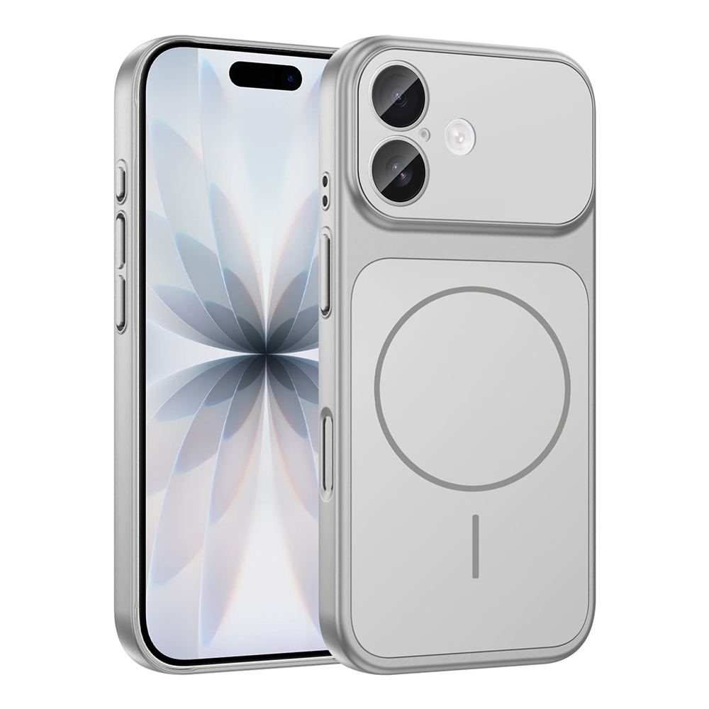 Gümüş renkli bir iPhone ve koruyucu kılıf gösteriliyor. Kılıfın arkasında dairesel bir tasarım ve kamera için bir oyuk bulunuyor.