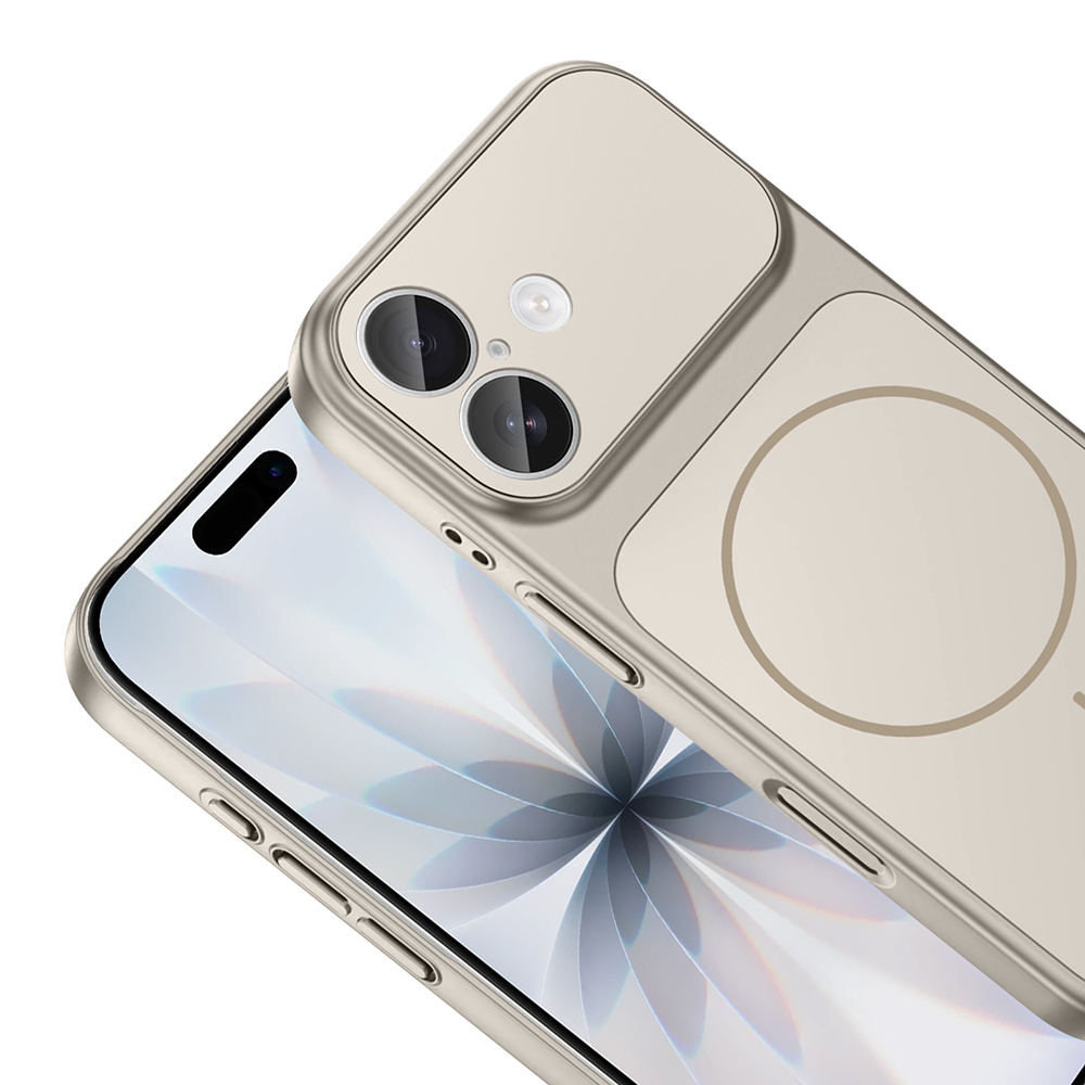 Bej bir telefon kılıfı bir telefonun üzerinde duruyor. Kılıfın kamera kesimleri ve dairesel bir tasarımı var. Telefon ekranı çiçek desenini gösteriyor.