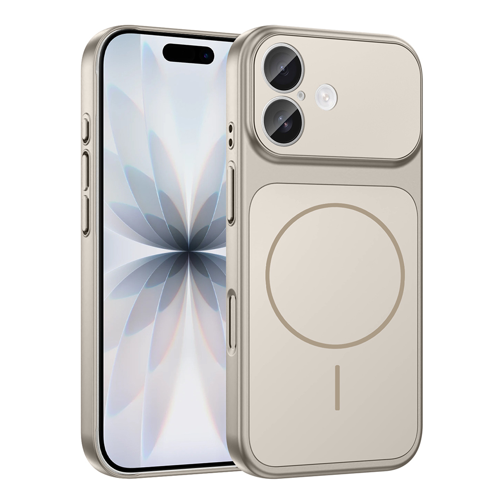 Uyumlu koruyucu kılıf içinde bej bir iPhone. Kılıfın kamera kesikleri ve arkasında dairesel bir tasarımı var.