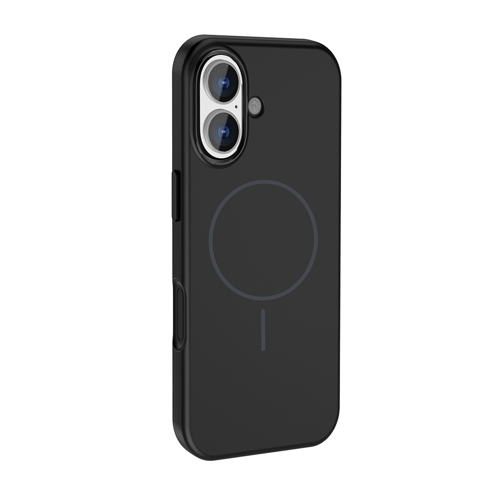 Arka tarafında kamera kesimi, dairesel tasarım ve dikey çizgi bulunan siyah bir telefon kılıfı. Parlak bir yüzeye sahip.