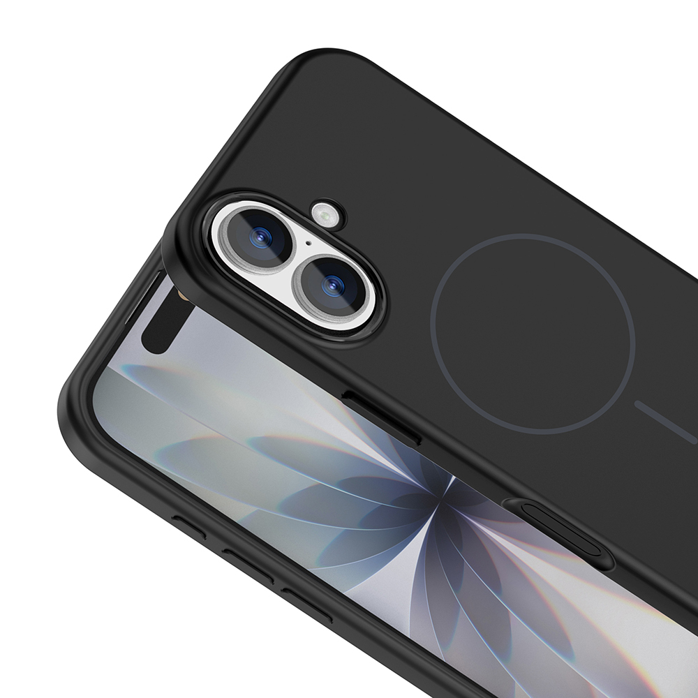 Siyah telefon kılıfı, kamera lensleri ve arkada dairesel bir tasarıma sahip. Telefonun ekranı görünüyor.