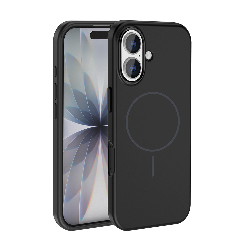 Siyah bir telefon ve siyah bir kılıf. Telefonda çift lensli bir kamera var. Kılıfın altında manyetik bir daire ve bir çizgi var.