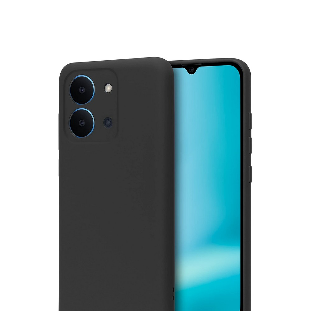 Siyah bir telefon siyah bir kılıf içinde. Ekran, açık mavi bir görüntü gösteriyor. Kılıfın kamera boşlukları var.