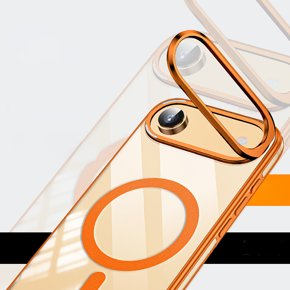 Turuncu detaylı şeffaf telefon kılıfı. Görünür kamera lensi ve halkası. Kılıf üzerinde turuncu daire ve çizgiler. Beyaz ve siyah arka plan.