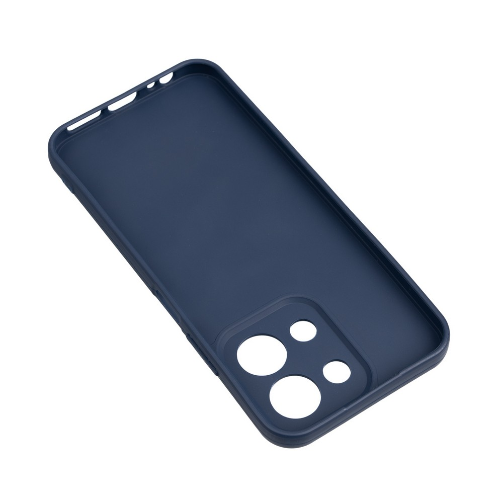 Beyaz zemin üzerinde koyu mavi bir telefon kılıfı. Kamera ve diğer özellikler için kesikleri var.