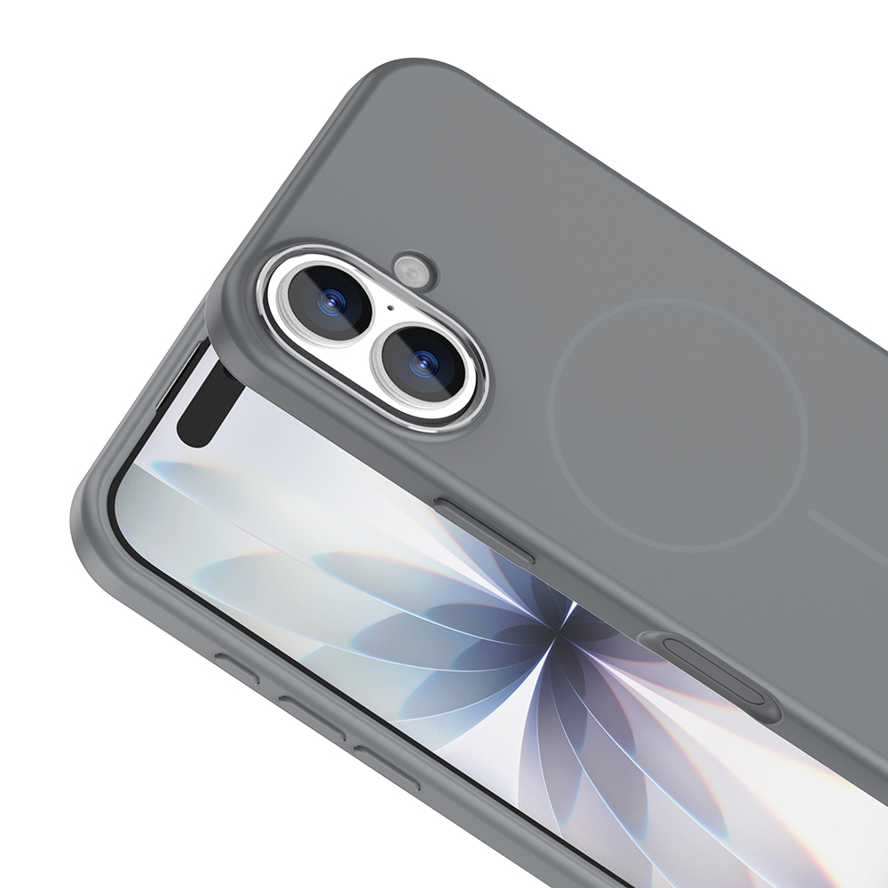 İçinde bir telefon bulunan gri bir telefon kılıfı. Kılıfın kamera kesimleri ve düğmeleri var. Telefonun ekranı görünür durumda.