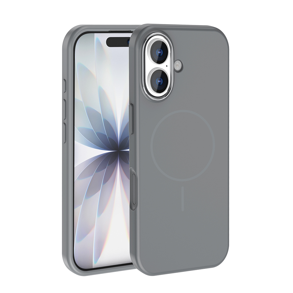 İki gri telefon kılıfı, biri açık ve üzerinde açık renkli bir tasarım olan bir telefon, diğeri ise telefonun arkasını kamera detayıyla kapatıyor.