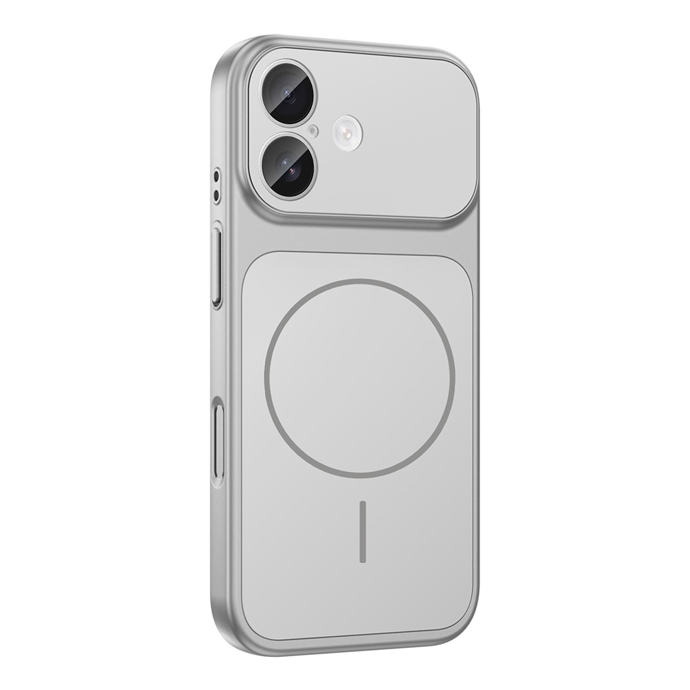 İki lensli ve arkasında daire ve çizgi tasarımına sahip, kamera açıklığına sahip gümüş bir telefon kılıfı.