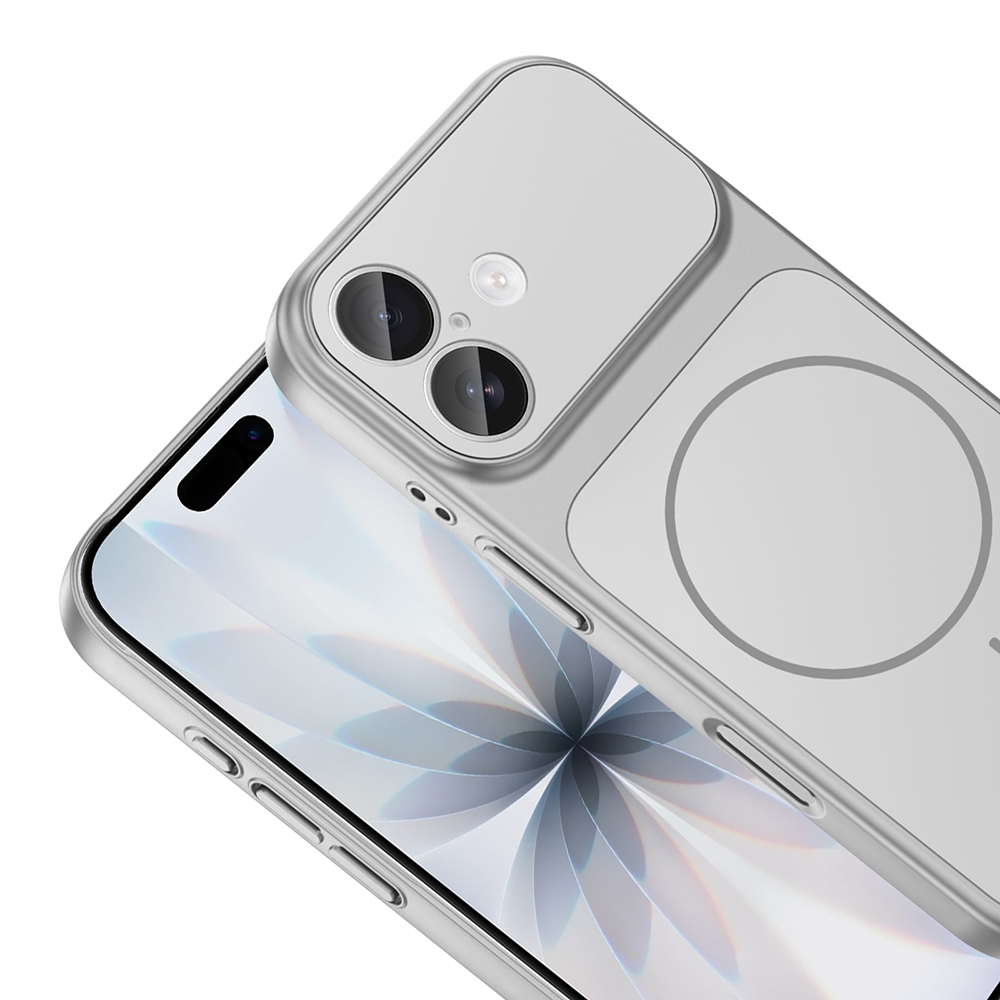 Şeffaf kılıflı gümüş renkli bir telefon. Arkasında kamera ve dairesel bir tasarım var. Ekranında çiçek deseni var.