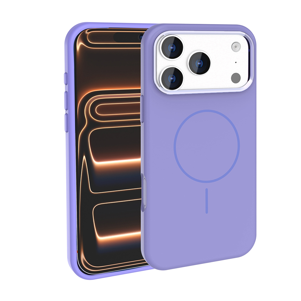 Mor bir telefon kılıfı, içinde bir telefon ve kamera modülü bulunuyor. Telefon ekranında parlayan bir tasarım var.