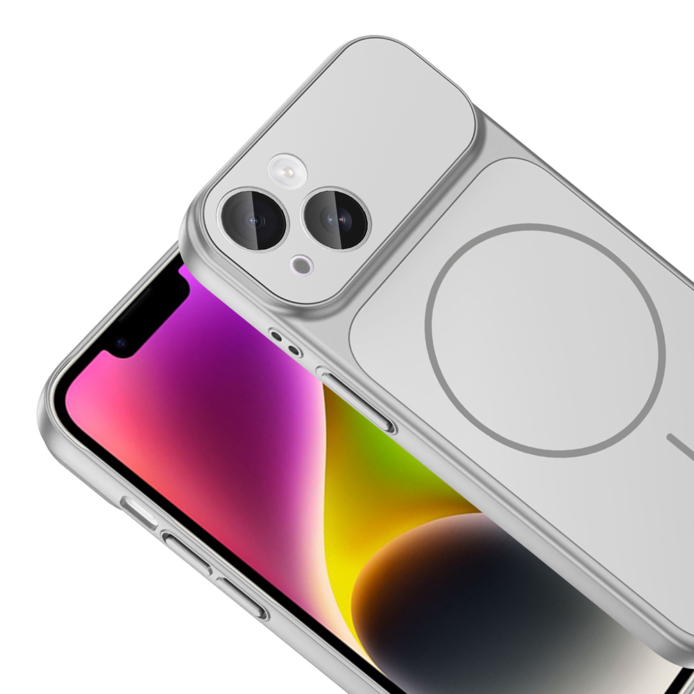 Koruyucu kılıflı gümüş iPhone. Ekran mor ve sarı gradyanlar gösteriyor. Kılıf, kamera kesiklerine ve dairesel bir tasarıma sahip.