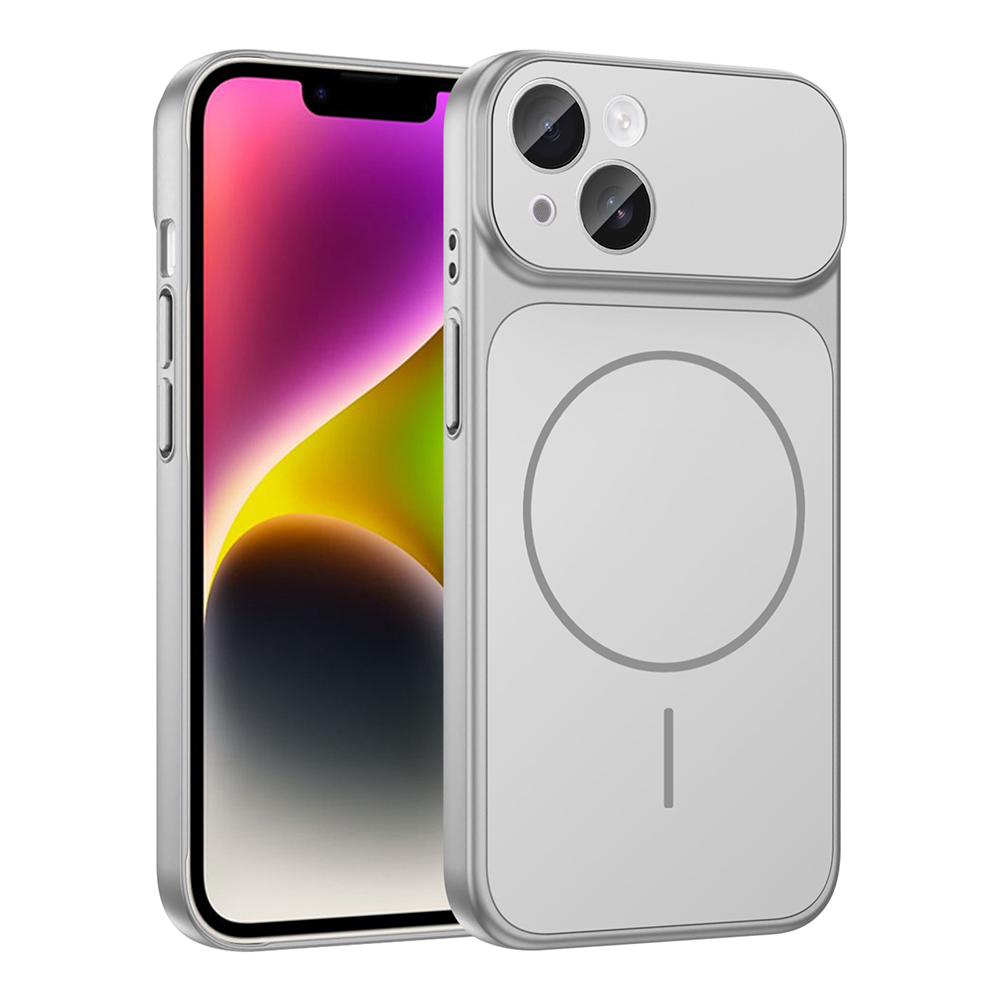 Koruyucu kılıflı gümüş bir iPhone. Ekran renkli bir gradyan gösteriyor. Kılıfın kamera kesimi ve dairesel bir tasarımı var.