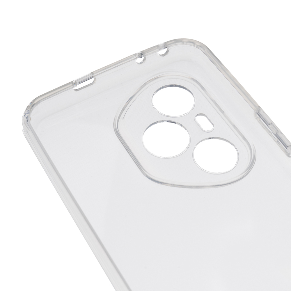 Şeffaf, şeffaf bir telefon kılıfı. Kamera ve diğer özellikler için delikleri vardır. Kılıf beyaz bir arka plan üzerinde.