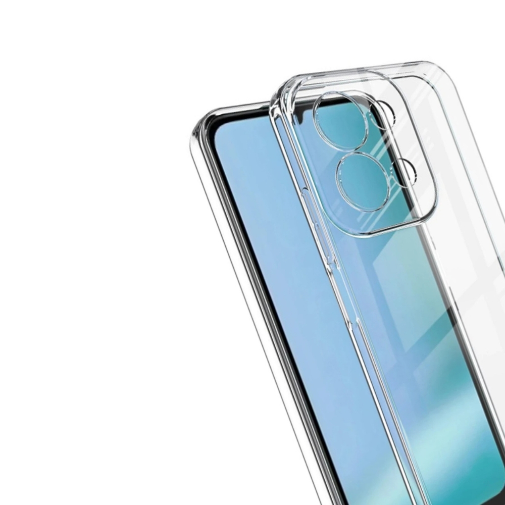 Şeffaf bir telefon kılıfı bir telefonun üzerine yerleştirilmiş. Telefonun mavi bir ekranı var. Kılıfın kamera için kesikleri var.