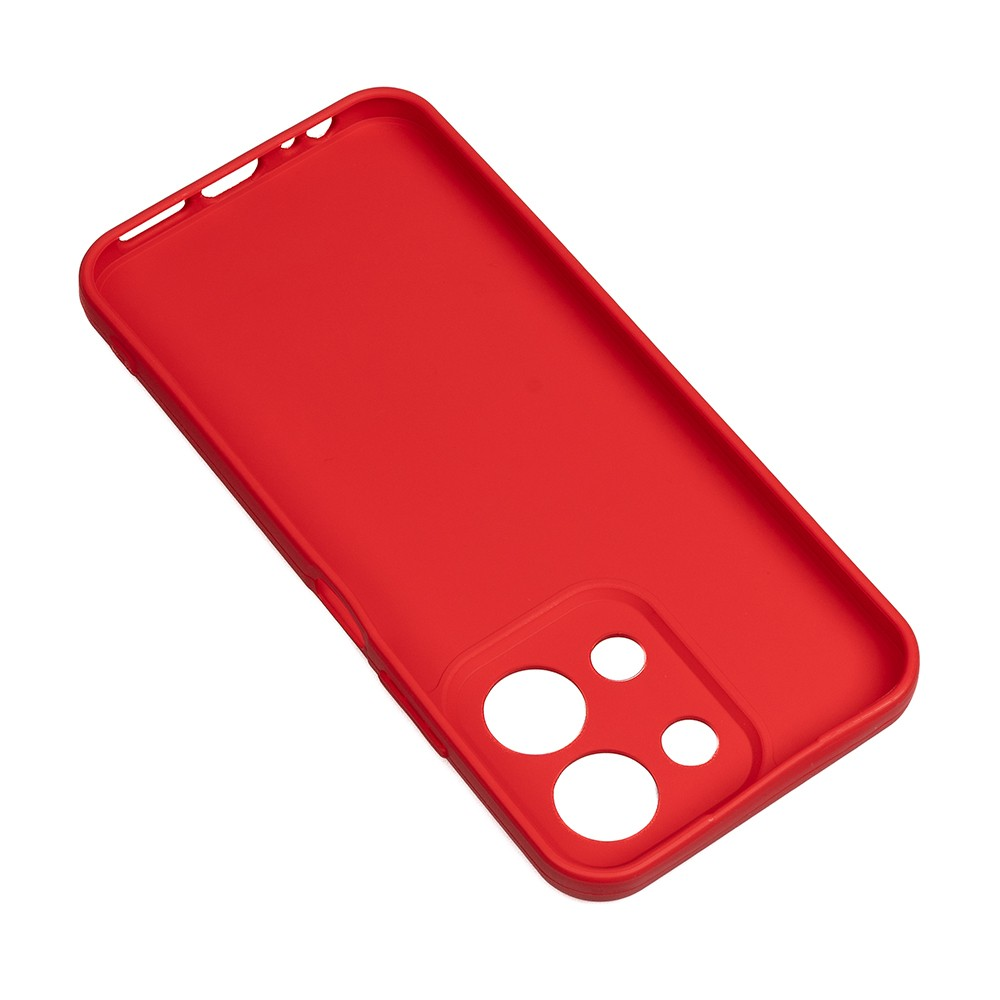 Beyaz zemin üzerinde kırmızı bir telefon kılıfı. Kamera ve diğer telefon özellikleri için açıklıklara sahiptir.