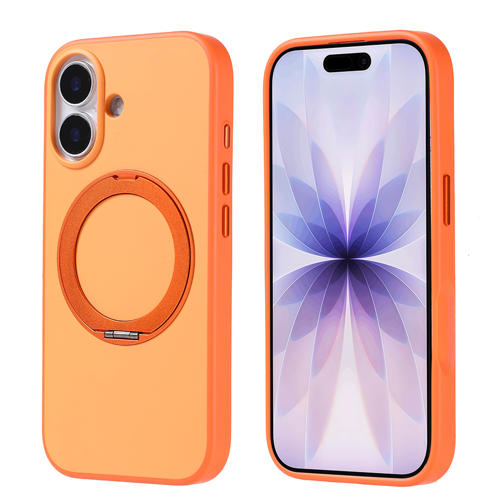 İki turuncu telefon kılıfı. Birinde halka tutucu, diğerinde telefon ekranı var. Her ikisi de beyaz bir arka plan üzerinde.