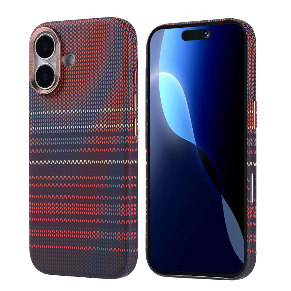 Kırmızı ve siyah örgü desenli kılıflı iki telefon. Bir telefonun mavi ekranı var. Kılıfların kamera çıkıntısı var.