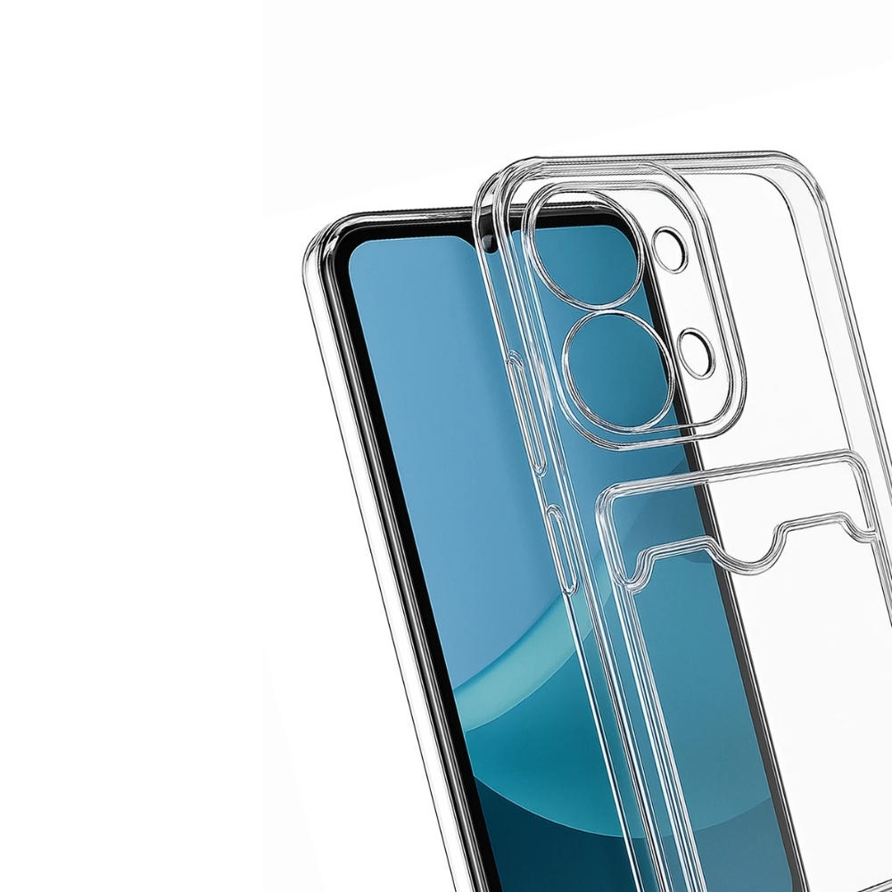 Şeffaf bir telefon kılıfı, mavi ekranlı bir akıllı telefonun üzerinde duruyor. Kılıfın kamera delikleri ve bir kart yuvası var.