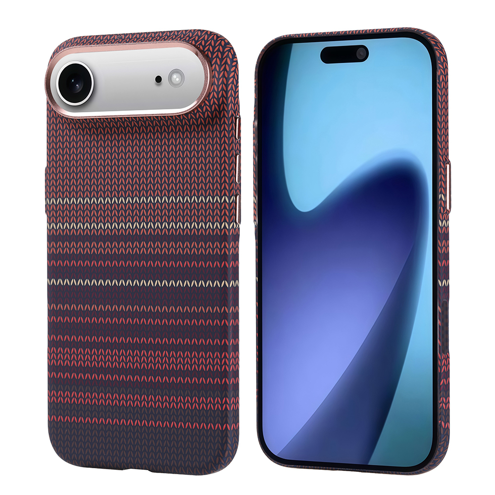 Desenli bir kılıf içinde iki telefon. Kılıfın kamerası var ve kırmızı, beyaz ve siyah renkte. Diğer telefon siyah.