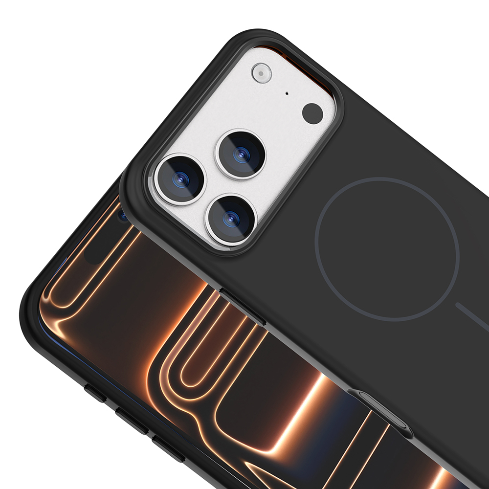 Siyah telefon kılıfı, kamera lensleri ve beyaz kamera modülü. Altında kısmen görünen, parlayan bir tasarım sergileyen başka bir telefon.