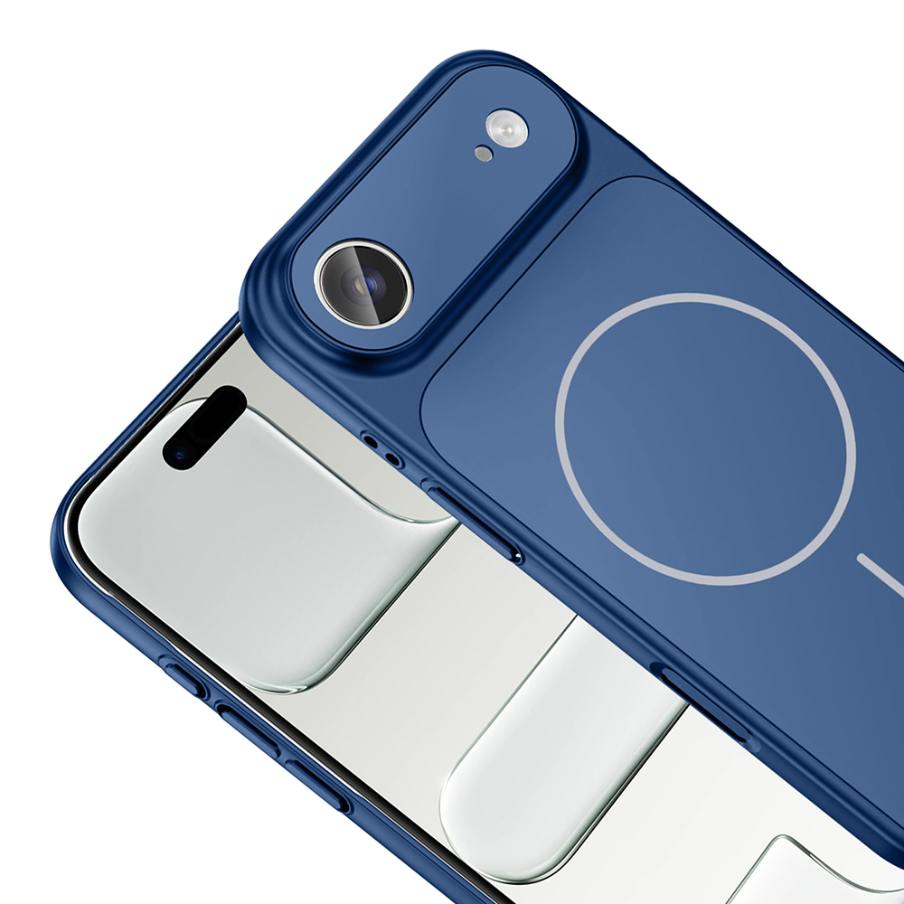 Kamera kesimi, beyaz daire detayı ve kısmen görünen telefonlu mavi bir telefon kılıfı. Kılıf açılıdır.