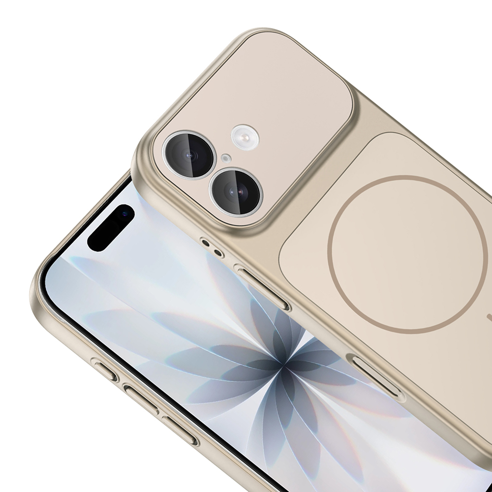 Altın bir telefon kılıfı, telefonun üzerinde, kamera ve ekran görünür durumda. Manyetik bir daire kasanın arkasında.