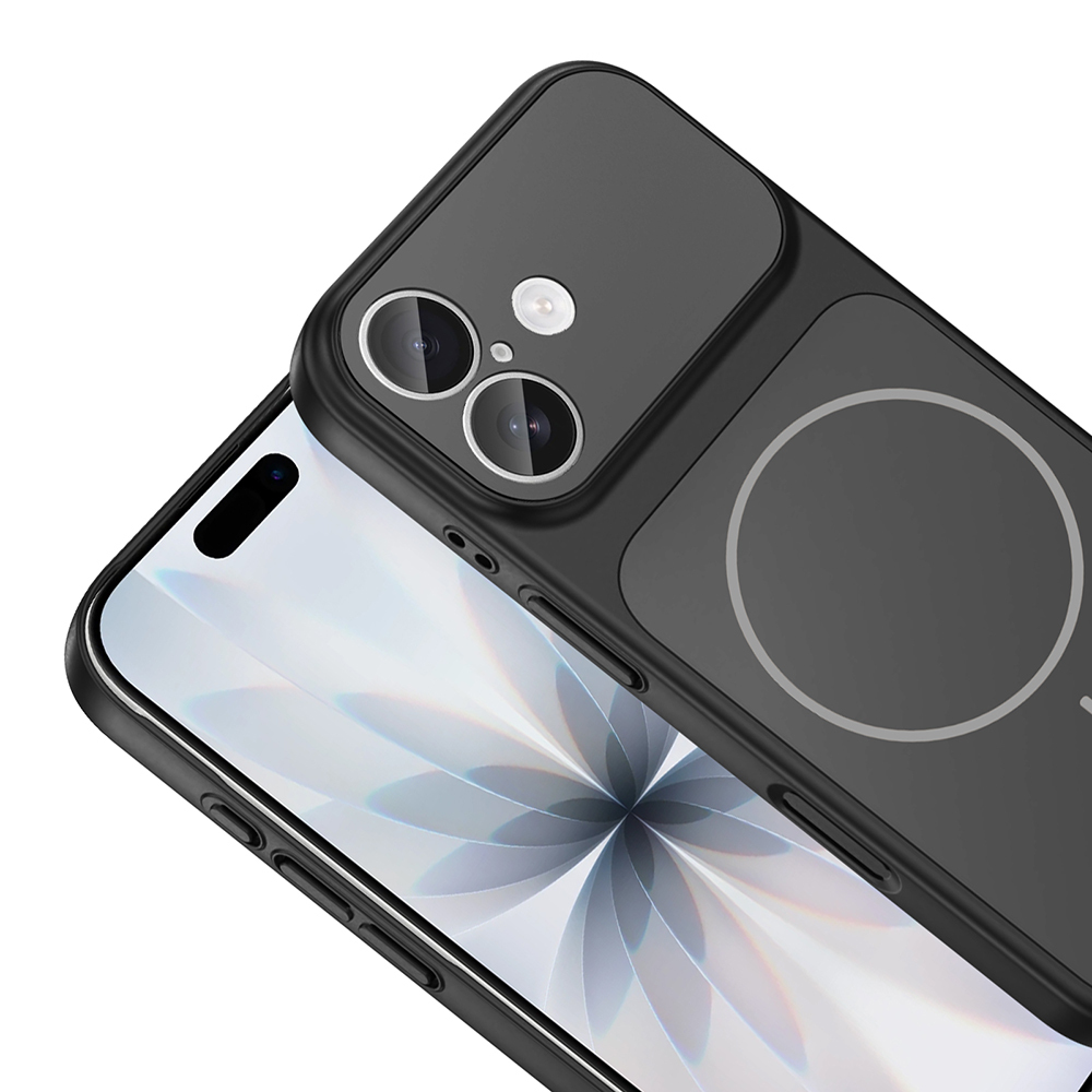 Siyah bir telefon kılıfı, kamera modülü ile birlikte telefon ekranının üzerine yerleştirilmiş. Kılıfın arkasında dairesel bir tasarım var.