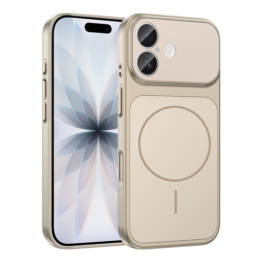 Koruyucu kılıf içinde altın rengi bir iPhone. Kılıfın kamera kesimi, yuvarlak şarj alanı ve manyetik tasarımı var.