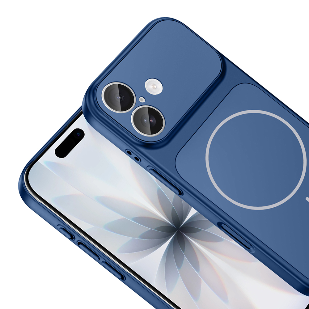 Beyaz arka plan üzerinde mavi telefon kılıfı, iki kamera lensi ve beyaz daire tasarımı ile.