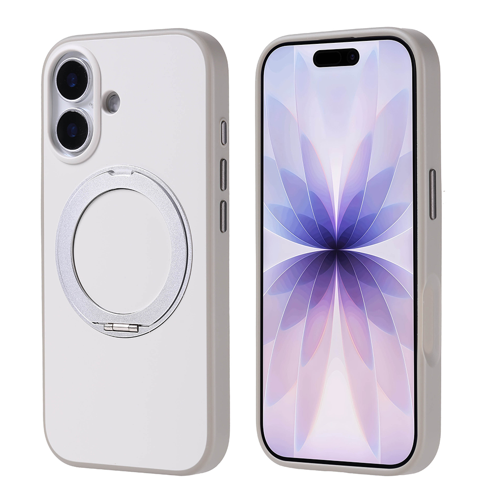 İki telefon kılıfı. Birinde halka tutucu var. Diğerinde mor çiçek deseni var. Her ikisi de açık gri.