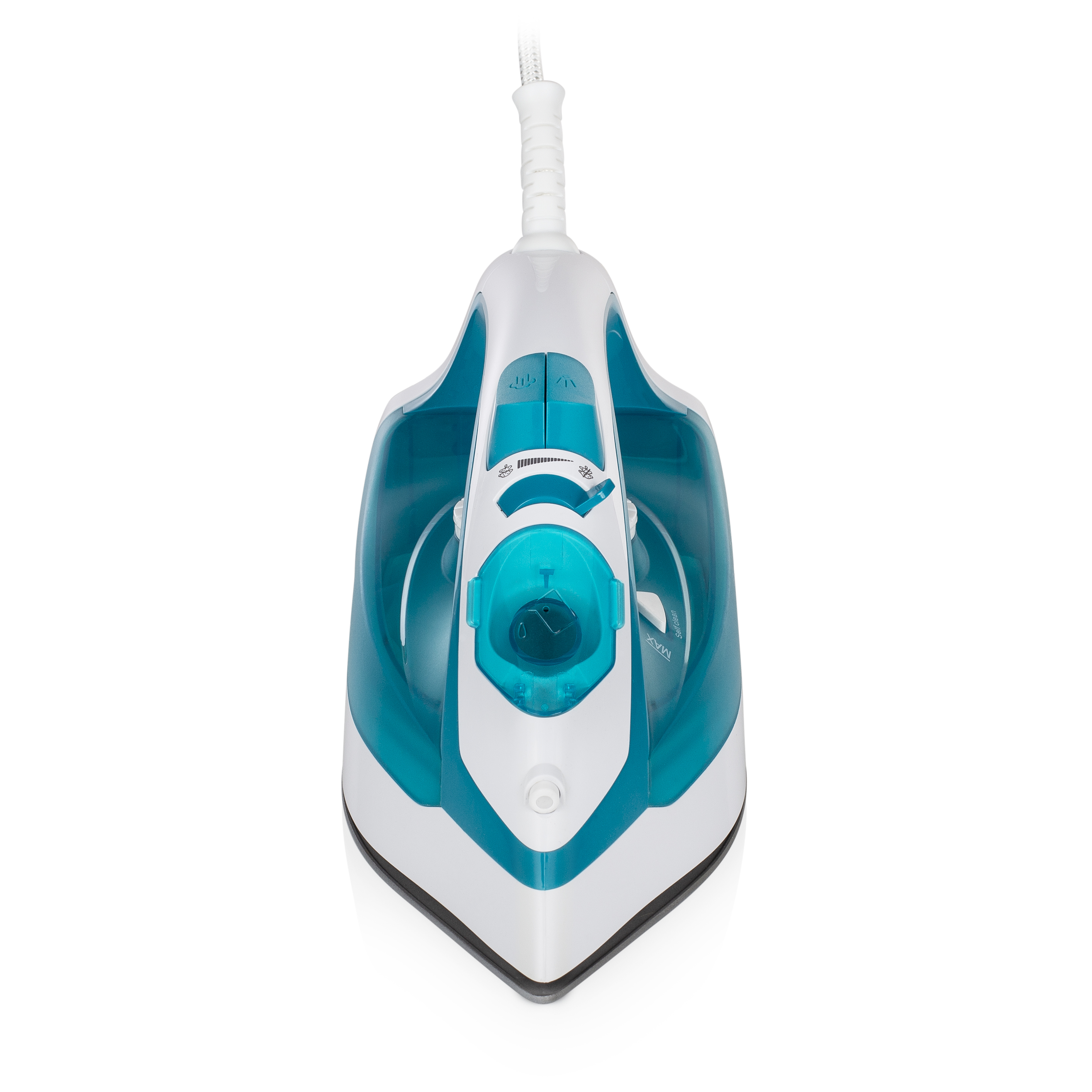 Białe i turkusowe żelazko z białym kablem na białym tle. Widok z góry.