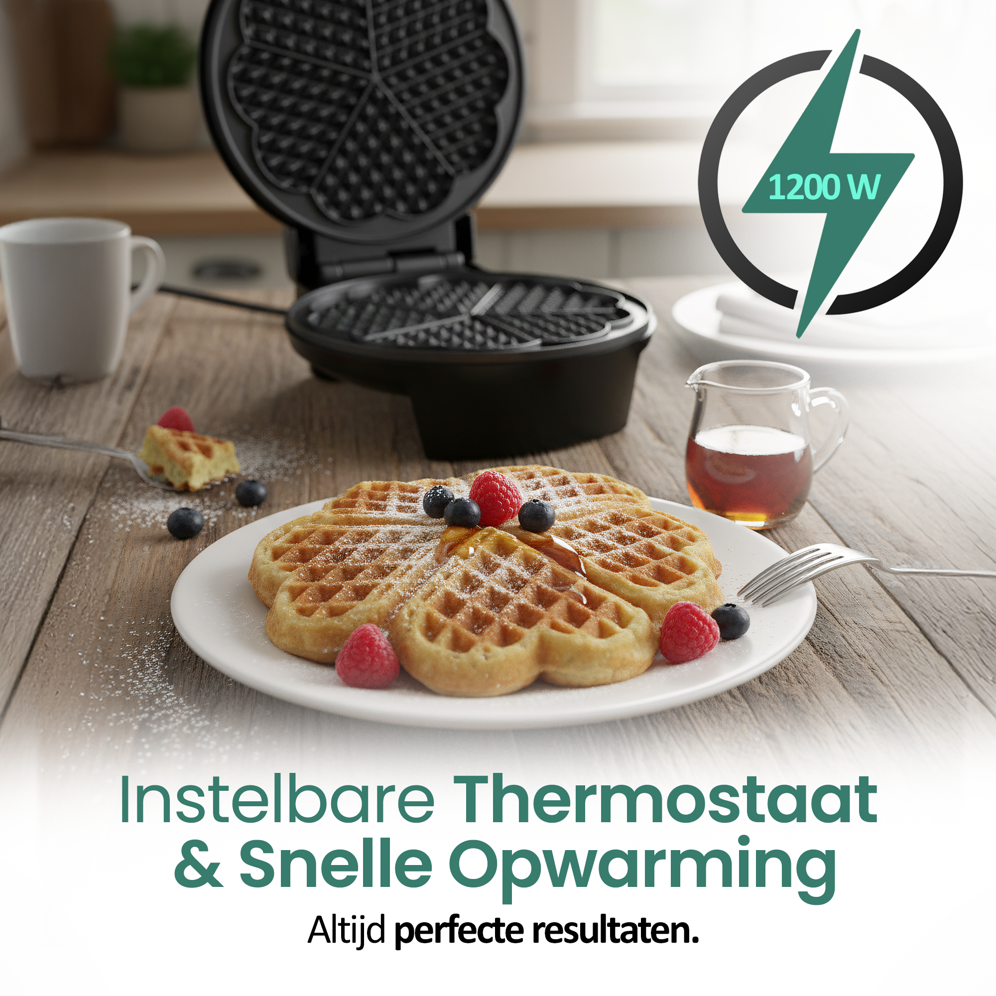 Wafels op een bord met bessen en siroop, wafelijzer en een stroompictogram op een houten tafel.