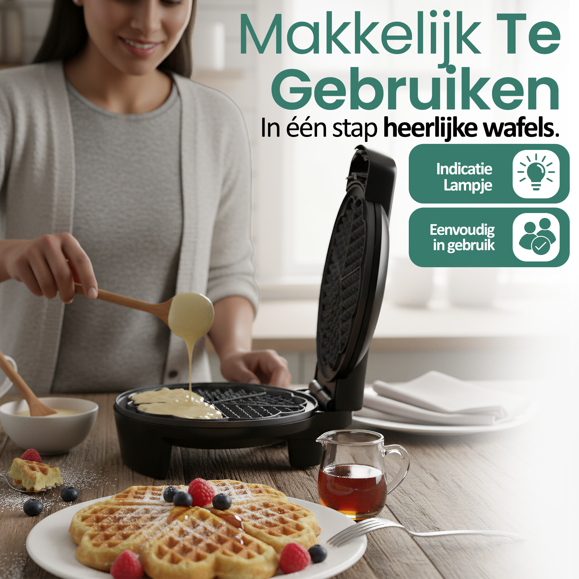 Een vrouw giet beslag in een wafelijzer. Wafels met bessen en siroop liggen op een bord. Tekst: 'Makkelijk te gebruiken'.