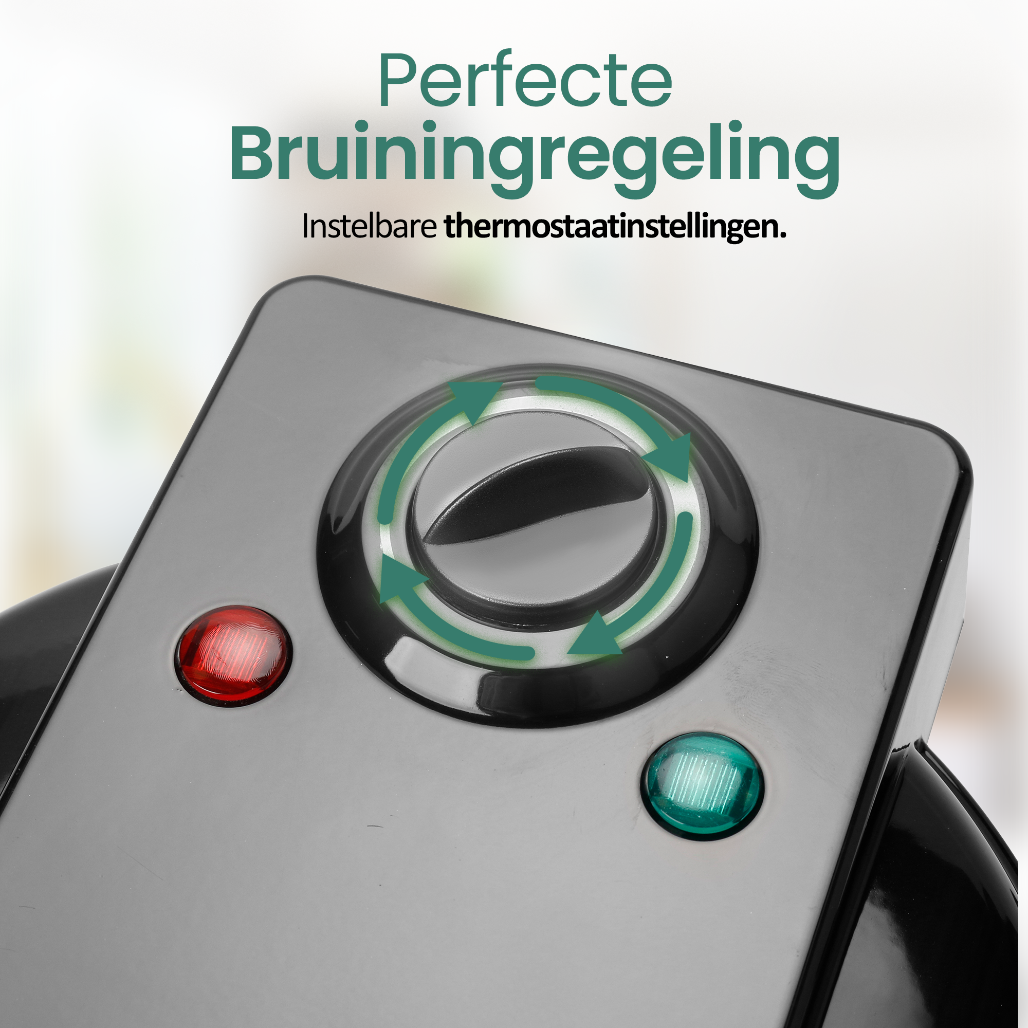 Close-up van een zwart apparaat met een draaiknop, groene pijlen, rode en groene lampjes. Tekst bovenaan: Perfecte bruiningsregeling.