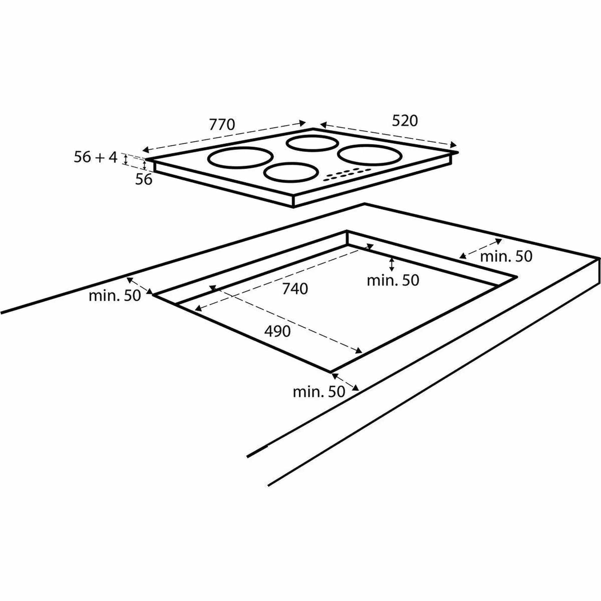 Diagram van een kookplaat met afmetingen. Vier branders zijn zichtbaar. De afmetingen zijn 770x520mm en 740x490mm.