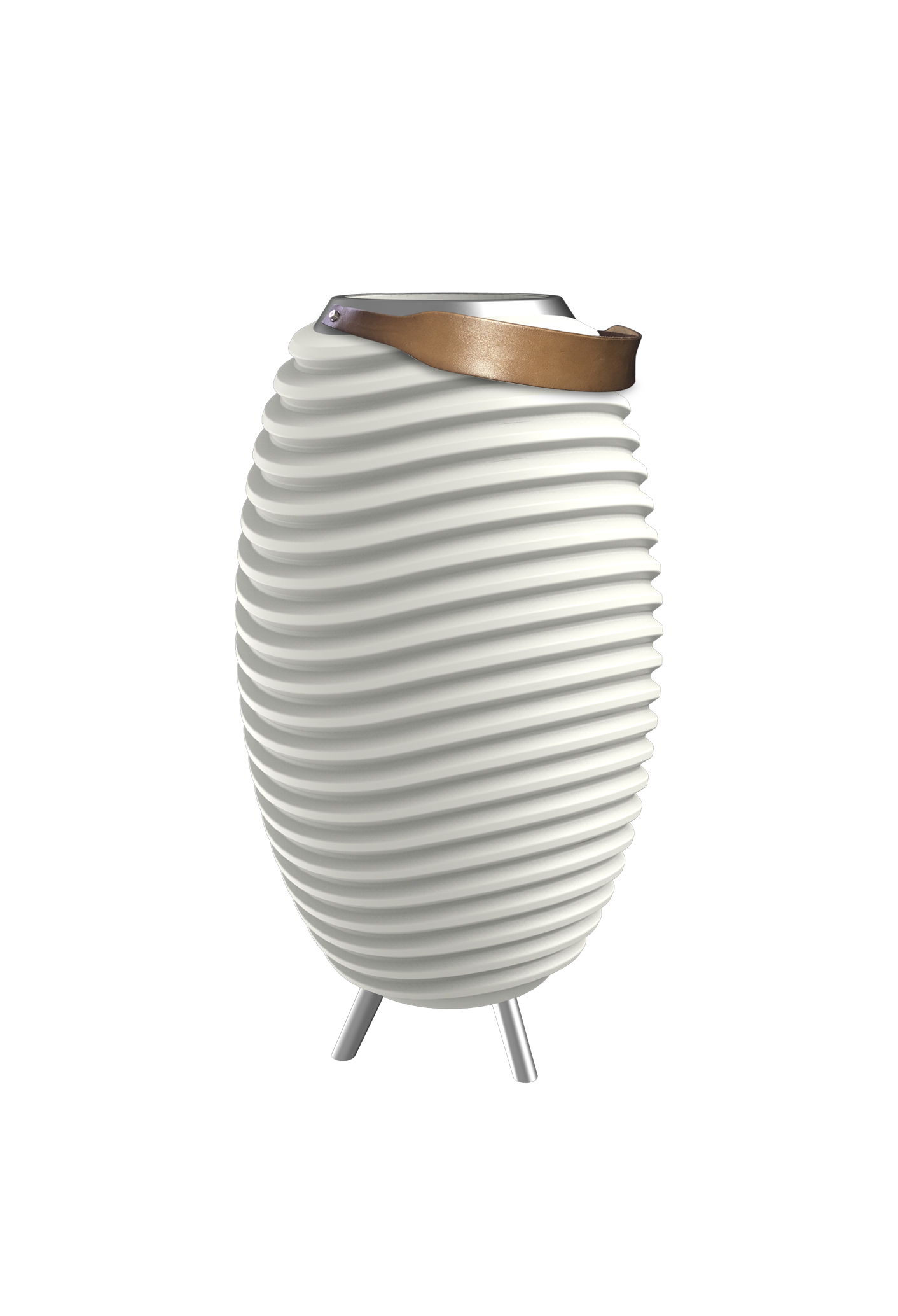 Een witte, geribbelde, ovale lamp met een bruine leren handgreep en zilveren poten, tegen een witte achtergrond.