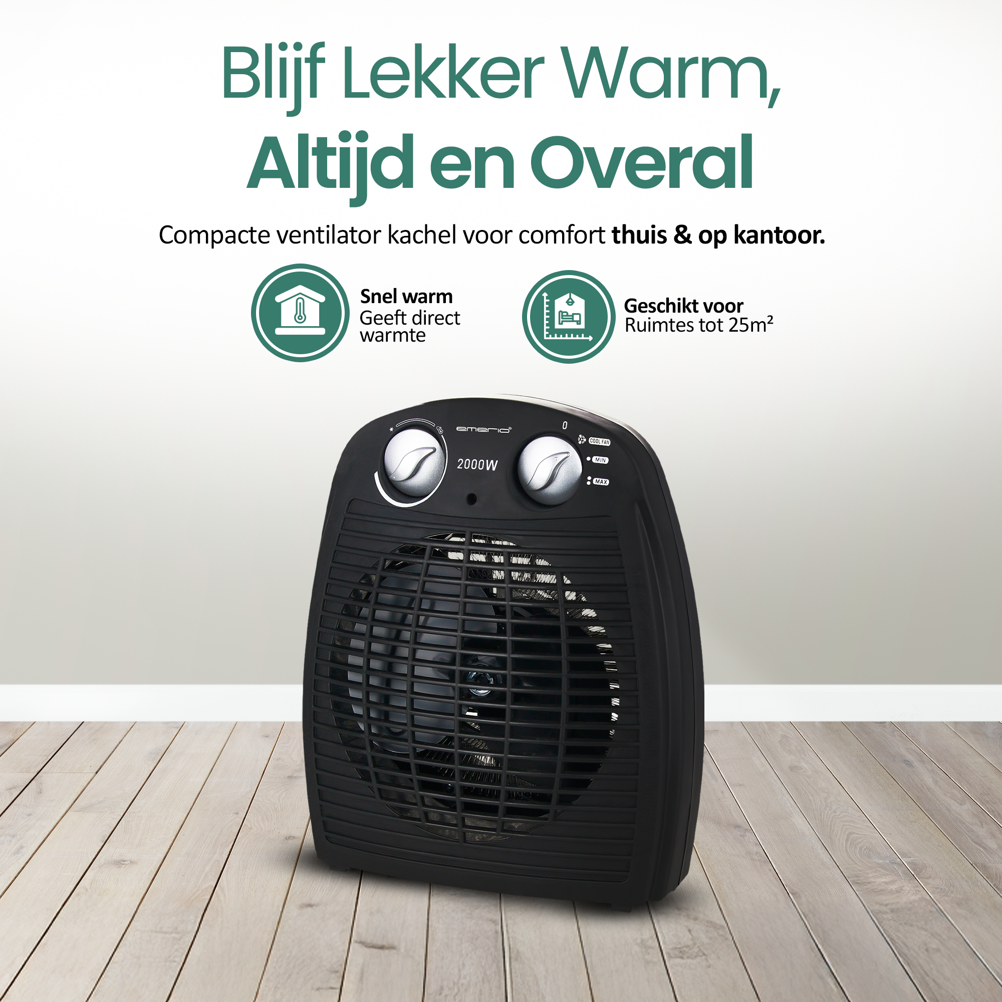 Zwarte ventilatorkachel op houten vloer. Tekst: blijf warm, compacte kachel voor thuis en op kantoor.
