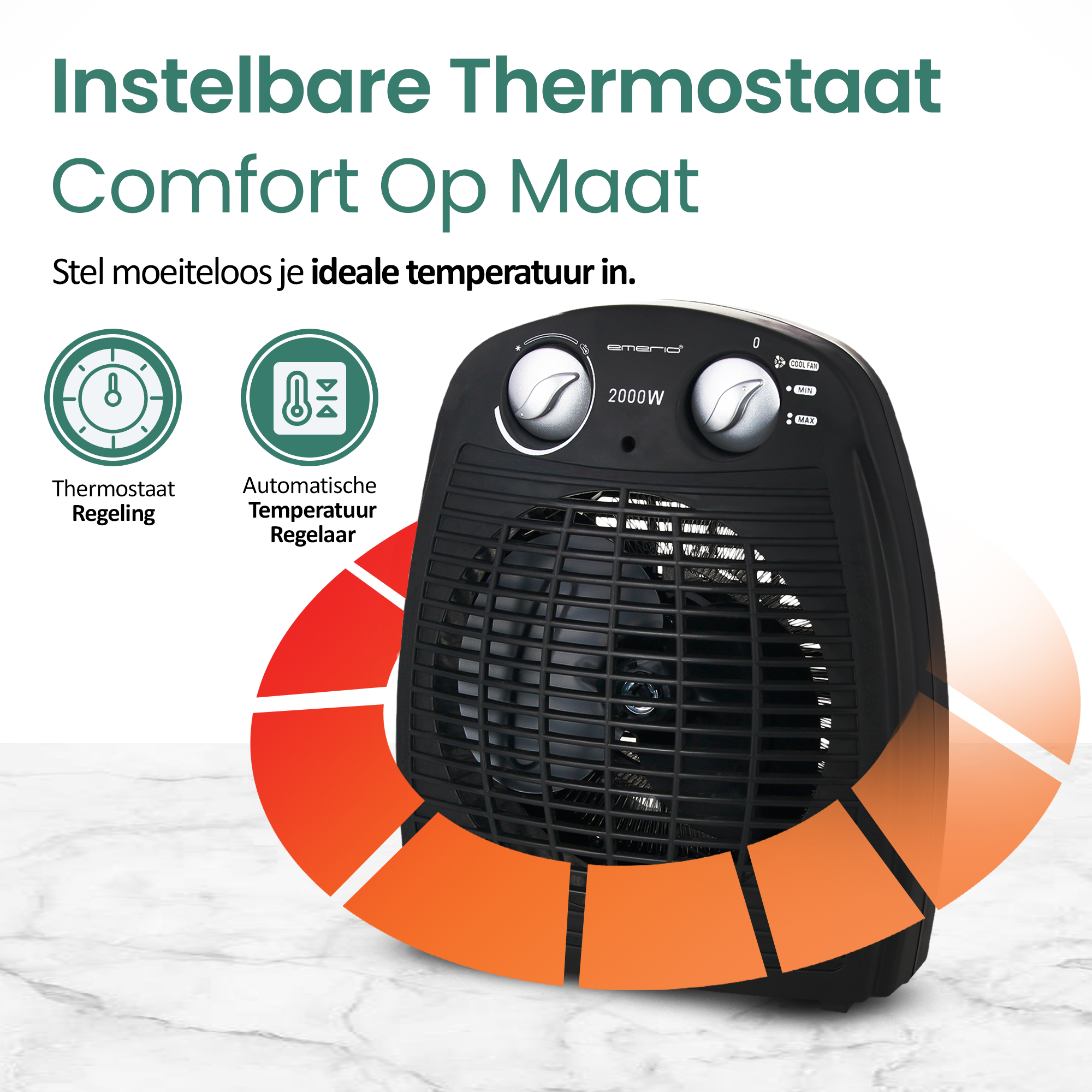 Zwarte ventilatorkachel met bedieningsknoppen, tekst in het Nederlands, oranje en rode grafiek, op wit marmeren oppervlak.