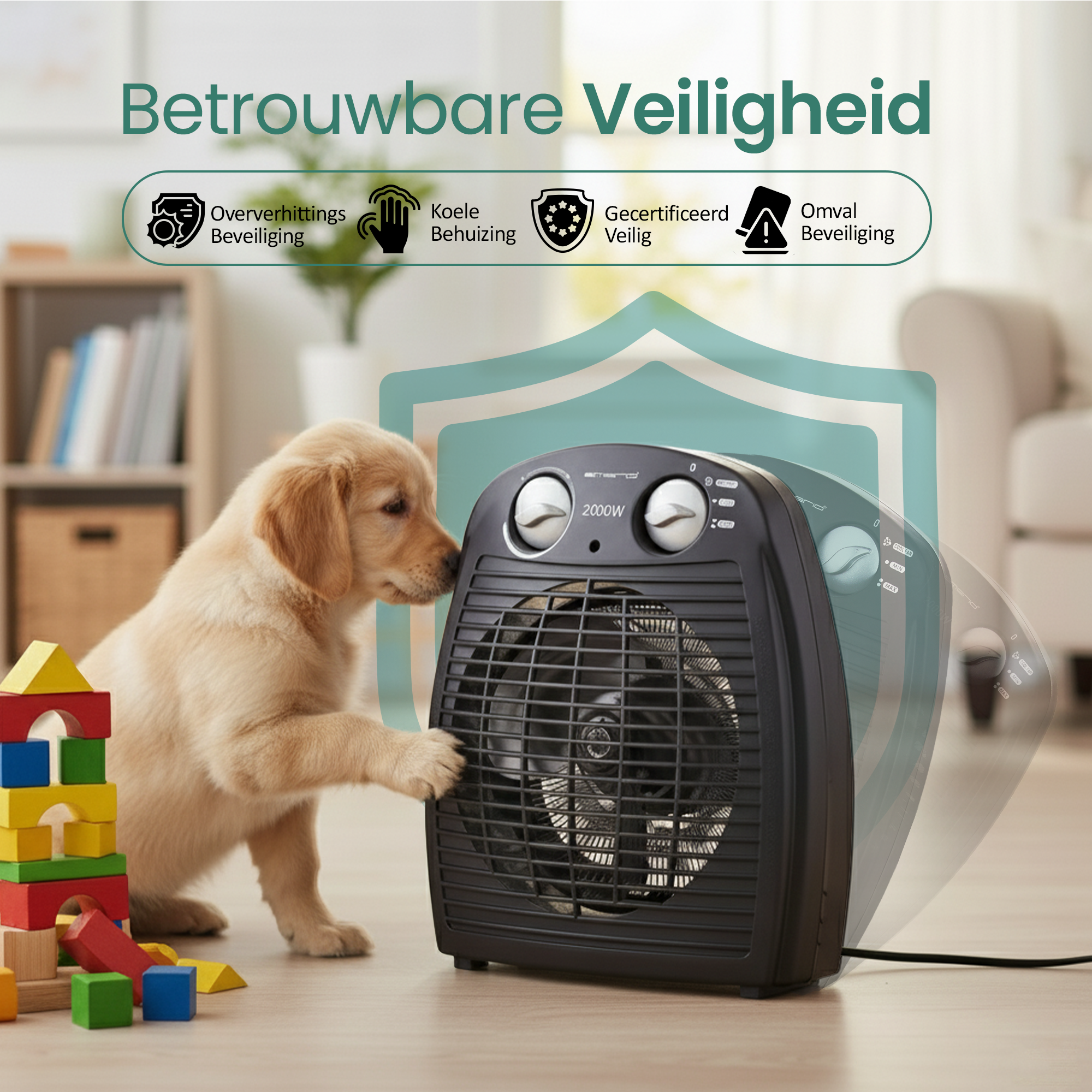 Een gouden retriever puppy interacteert met een zwarte kachel. Kleurrijke blokken op de voorgrond, tekst erboven.