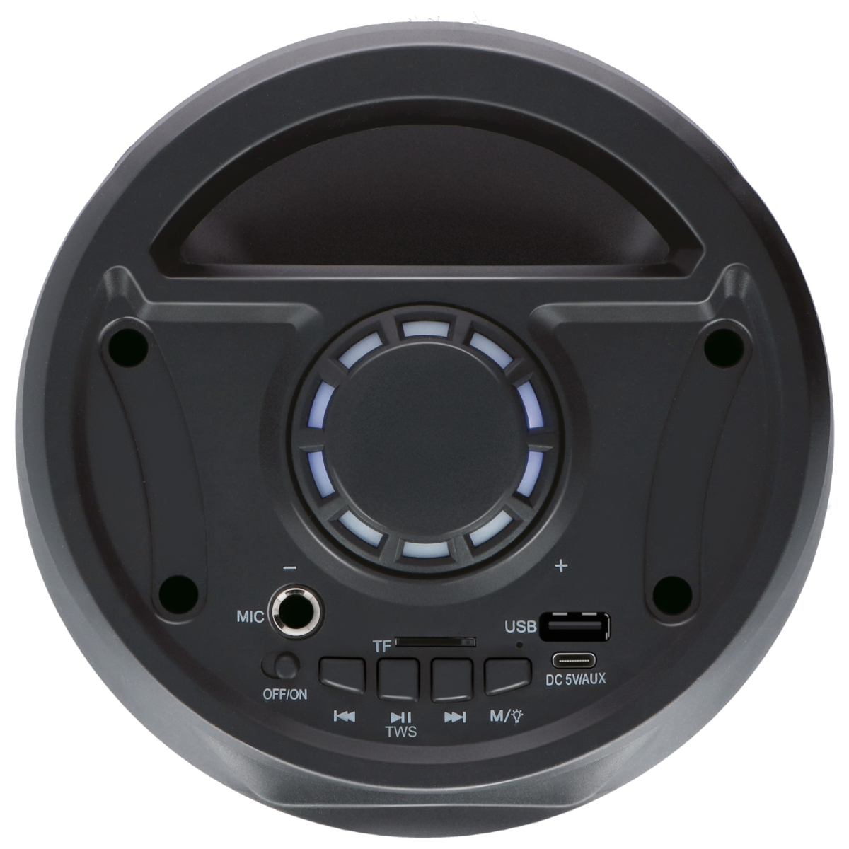 Close-up van een zwarte speaker met knoppen, poorten en een handvat. Gelabeld: MIC, OFF/ON, TF, USB, DC 5V/AUX en meer.