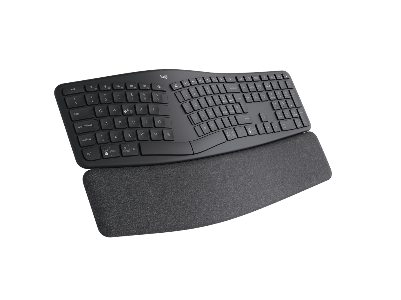 Un teclado ergonómico negro con reposamuñecas. Las teclas están etiquetadas y el logotipo de Logitech es visible.