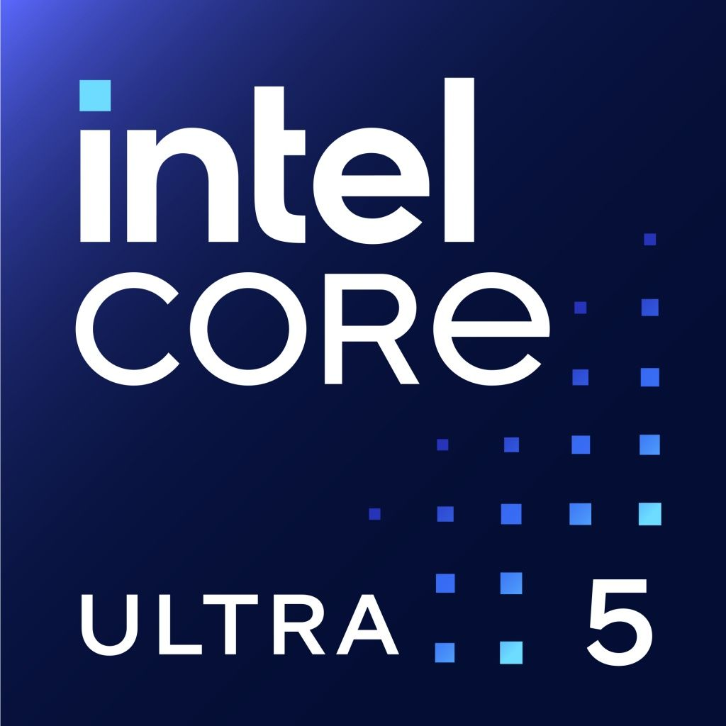 Logo Intel Core Ultra 5 na ciemnoniebieskim tle gradientu. Biały tekst z niebieskimi kwadratami.