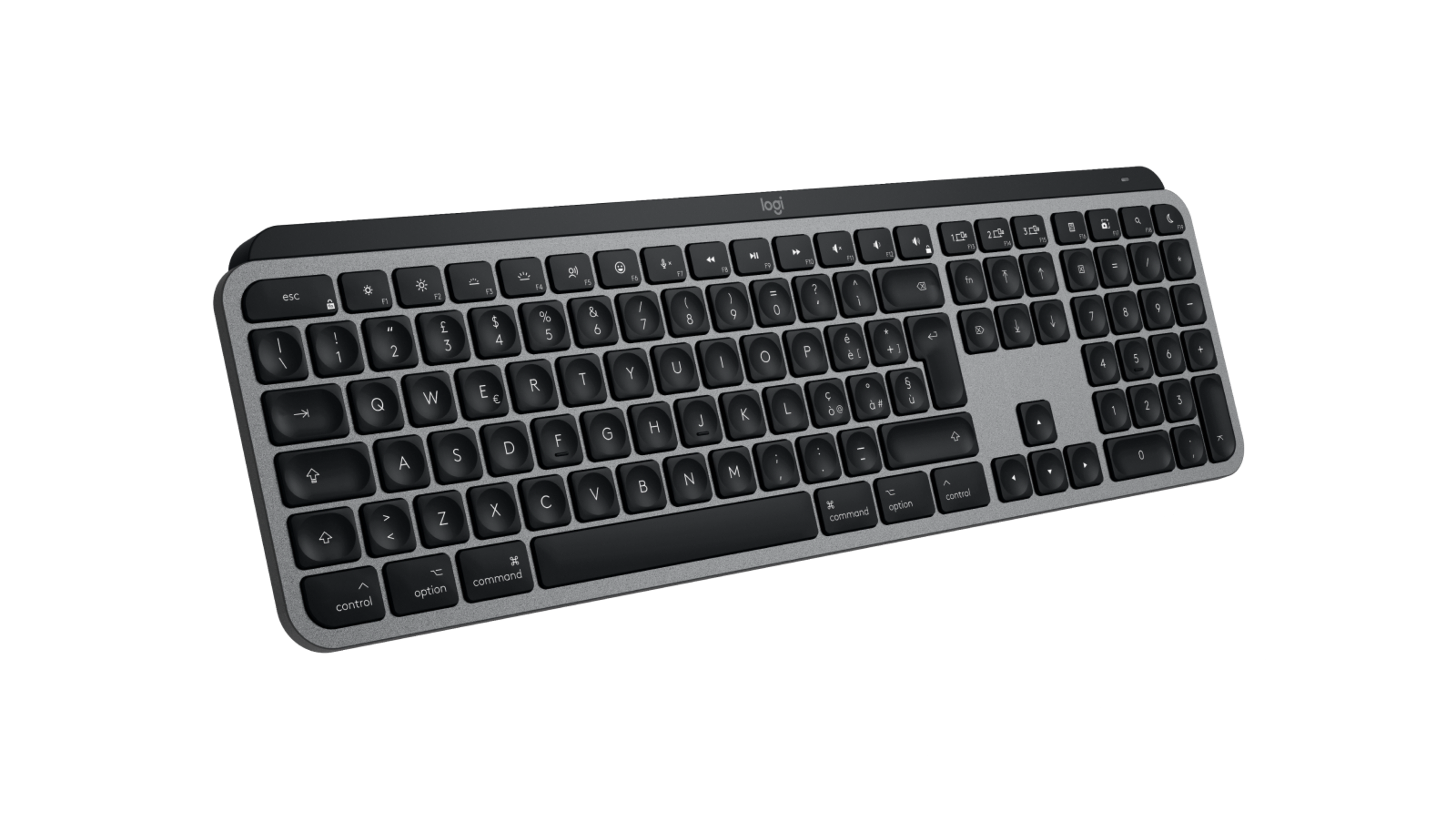 Klawiatura Logitech z czarnymi klawiszami i szarą ramką na czarnym tle.