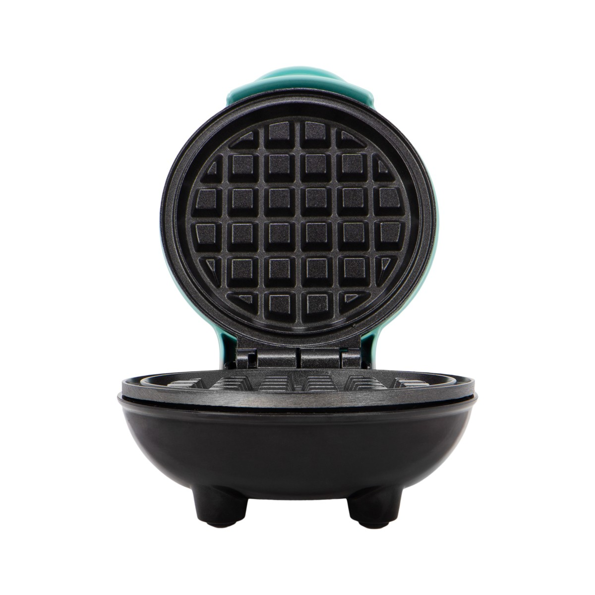 Waffle maker teal e nero aperto. La parte superiore è aperta, rivelando la griglia del waffle. La base è nera con tre piedi.
