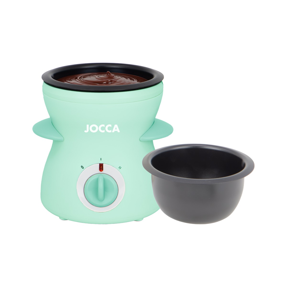 Una máquina de fondue de chocolate Jocca verde menta con chocolate derretido dentro. Un cuenco negro a su lado.