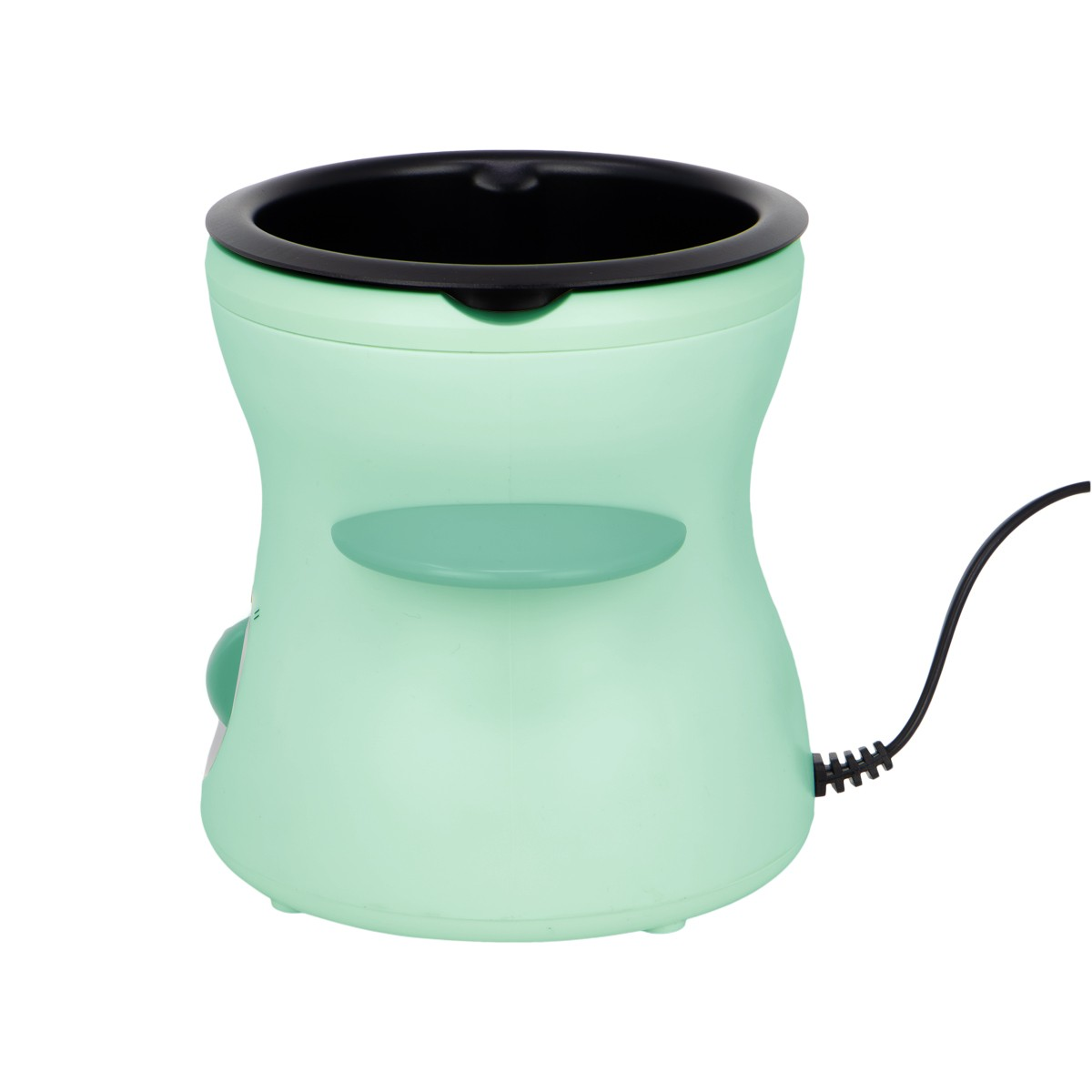 Una cocinadora de huevos verde menta con interior negro, una pequeña plataforma lateral y un cable de alimentación negro.