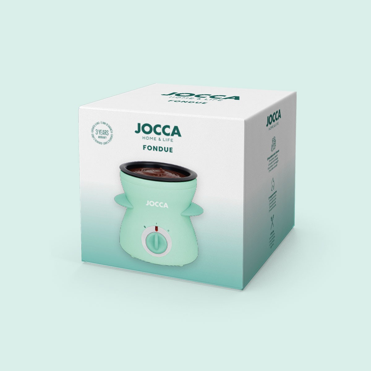 Una caja de Jocca Fondue verde menta y blanca. La caja muestra una olla de fondue verde menta, llena de chocolate.