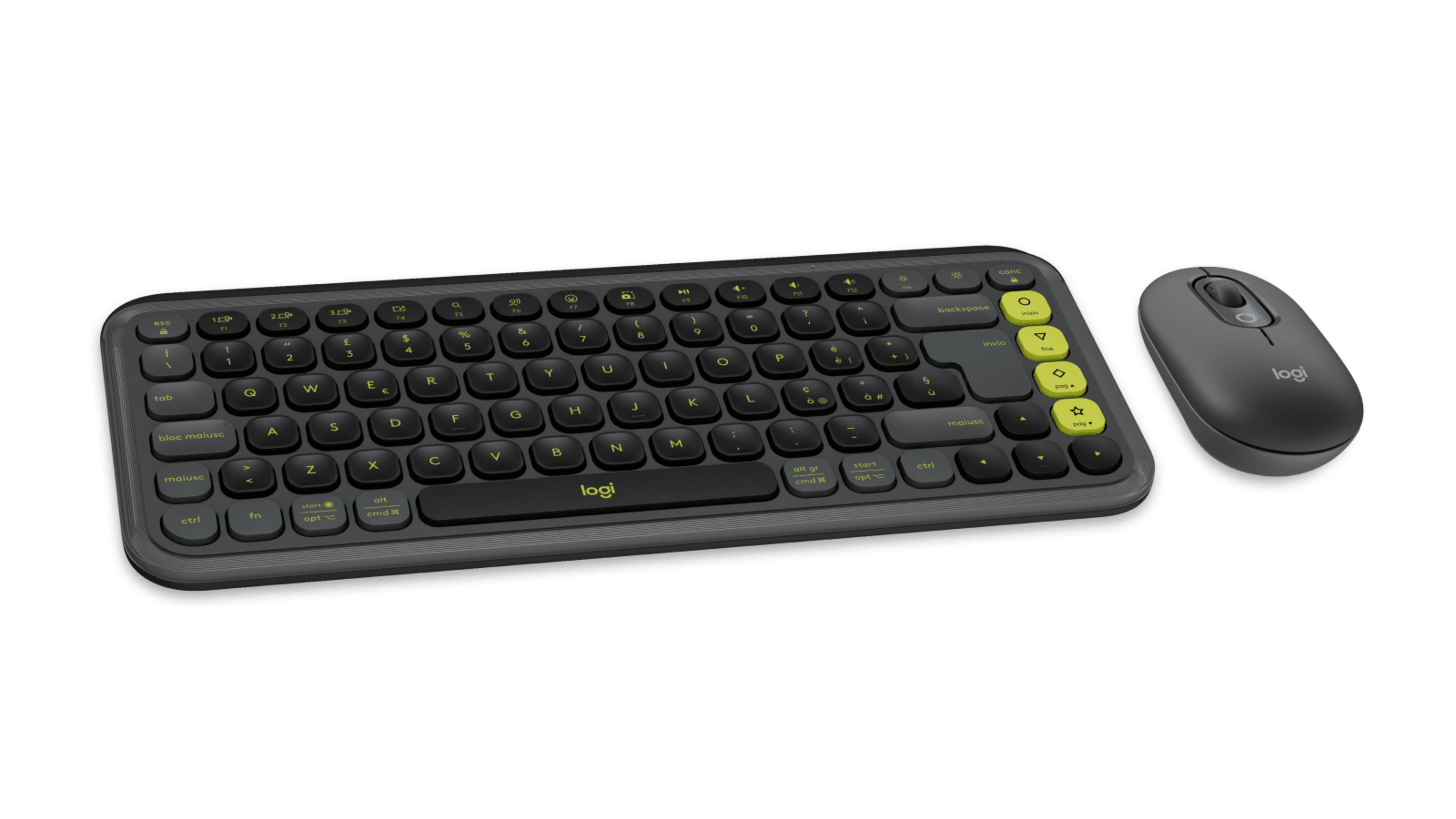 Ciemnoszary zestaw klawiatury i myszy Logitech na czarnym tle. Klawiatura ma zielone akcenty.