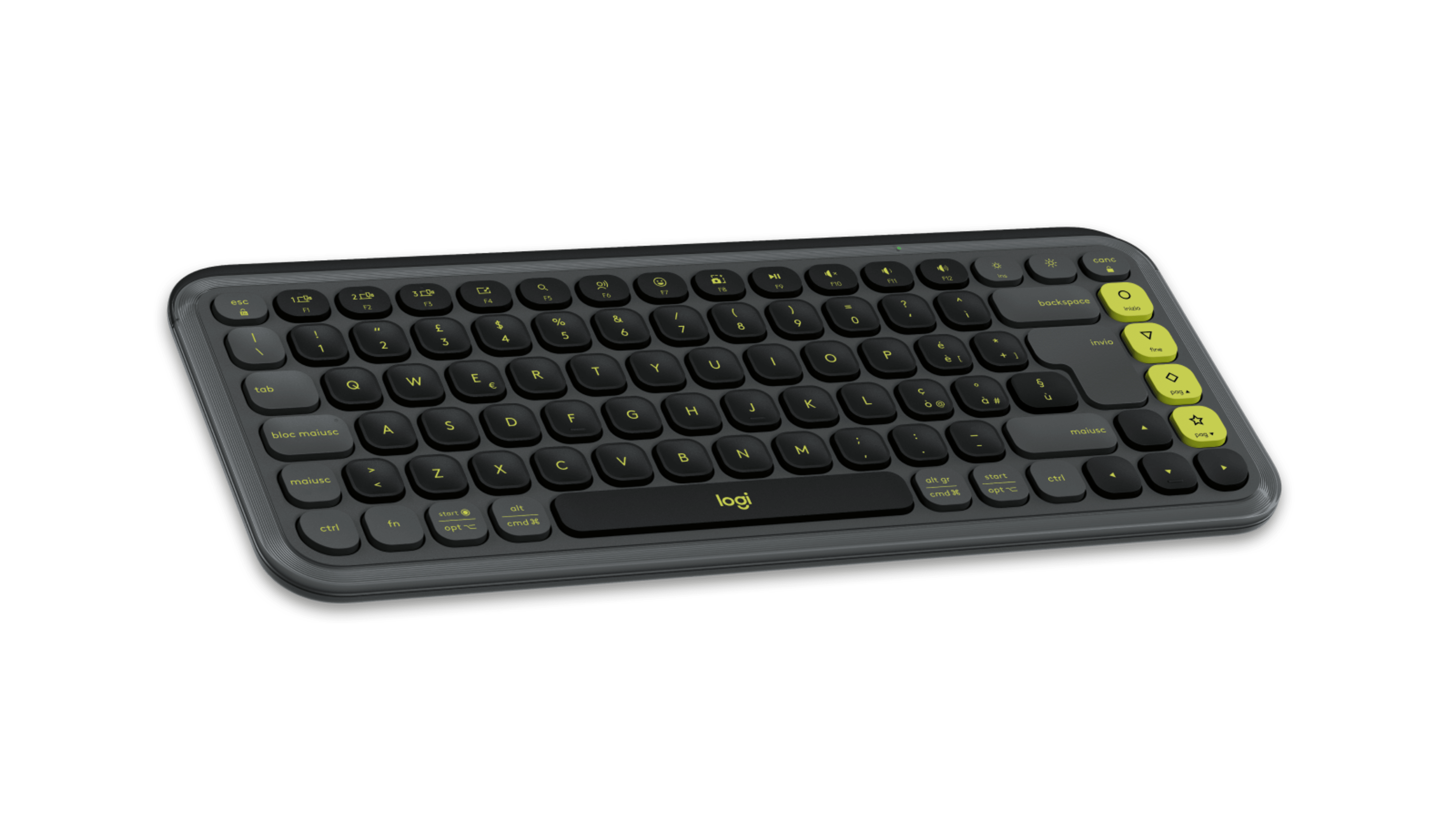 Ciemnoszara klawiatura Logitech z żółtymi akcentami. Klawisze z białym i żółtym tekstem na czarnym tle.