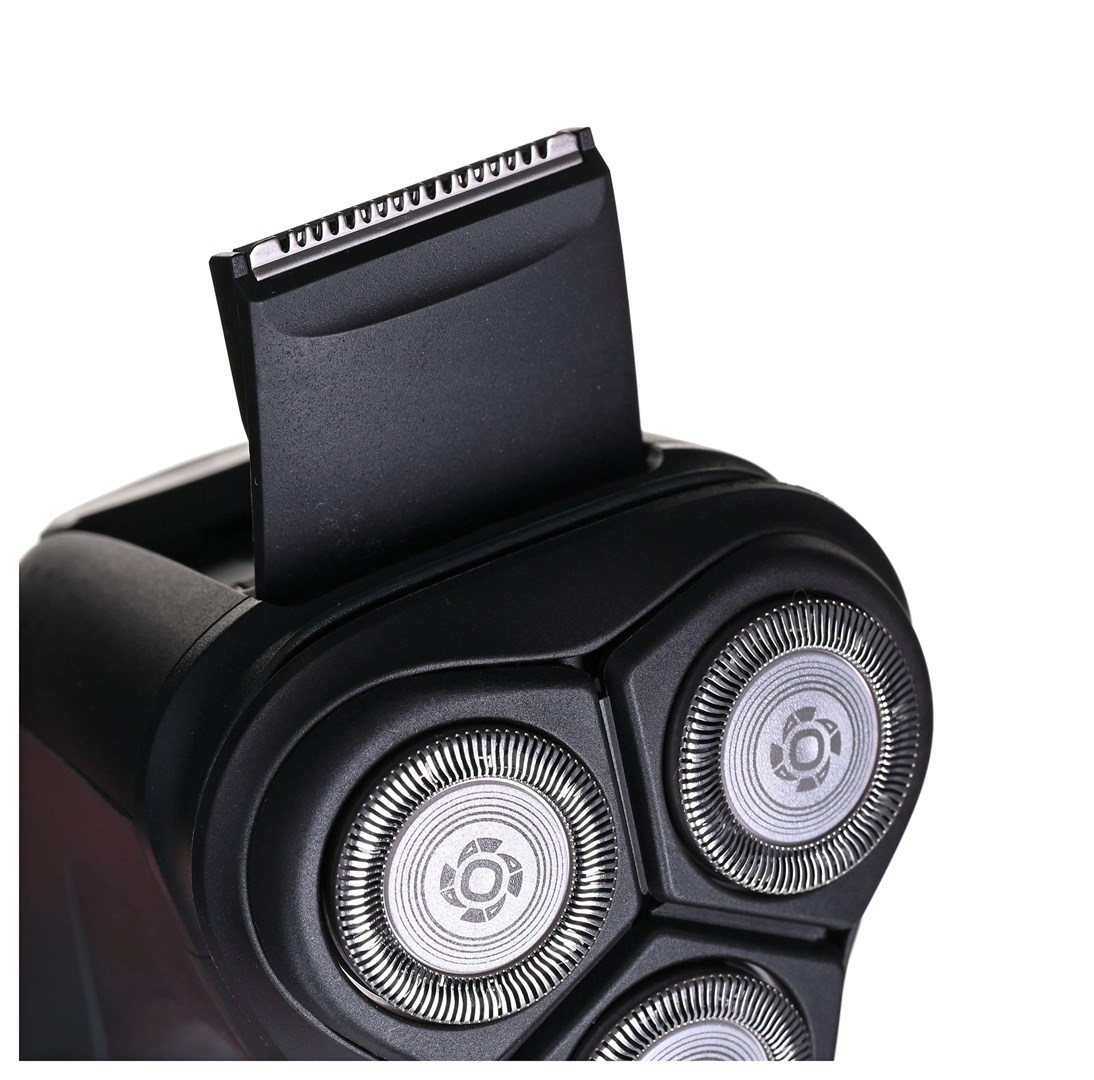 Zbliżenie czarnej golarki elektrycznej. Golarka ma trzy okrągłe głowice i wysuwany trymer.